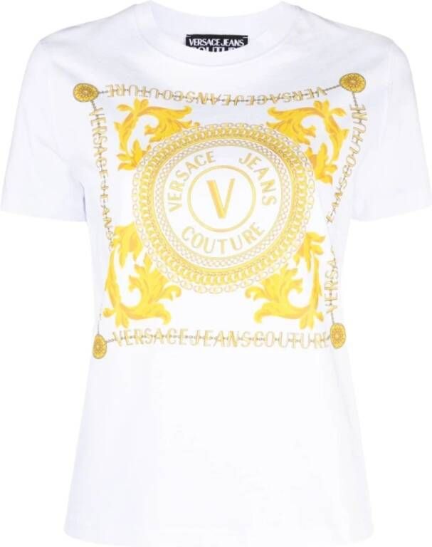 Versace Jeans Couture Katoenen T-shirt met korte mouwen en V-Emblem Chain White Dames