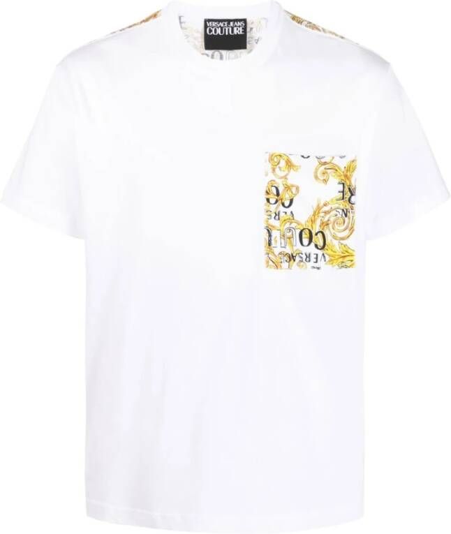 Versace Jeans Couture T-shirt girocollo con tasca e logo stampato uomo 73Gah6R0-Js099 Bianco Oro Wit Heren