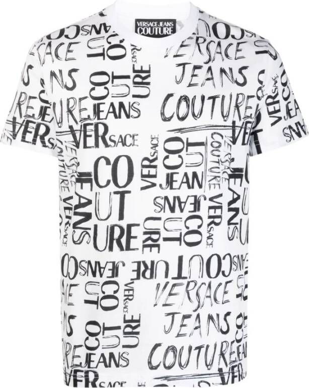 Versace Jeans Couture Witte Crew Neck T-shirt met All Over Logo Print White Heren
