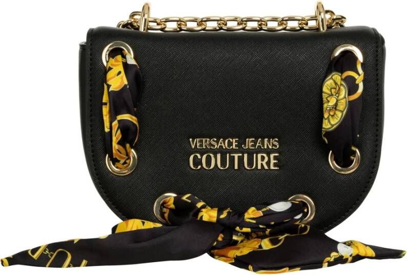 Versace Jeans Couture Ronde Schoudertas met Bedrukte Sjaal Detail en Gouden Logo Black Dames