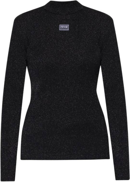 Versace Jeans Couture Zwarte Geribbelde Coltrui Top met Logo Patch Black Dames