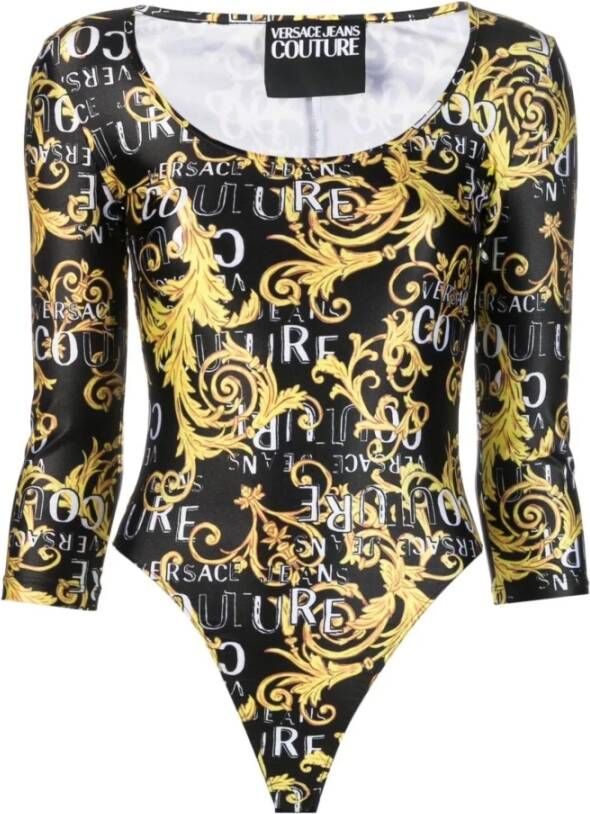 Versace Jeans Couture Gouden Zwarte Lycra Top met Ronde Hals en Driekwart Mouwen Yellow Dames