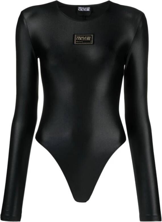 Versace Jeans Couture Zwarte top met lange mouwen ronde hals en logo Black Dames