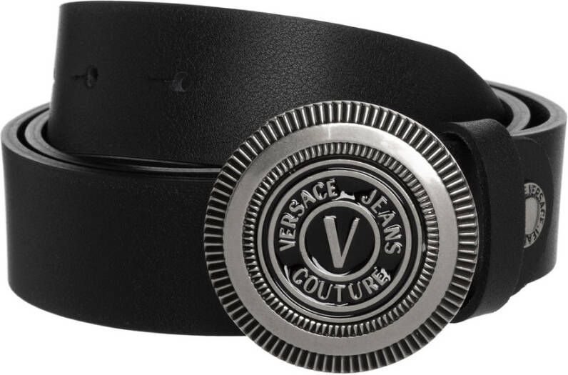 Versace Jeans Couture Zwarte Leren Riem met Metalen V-Embleem Gesp Black Heren