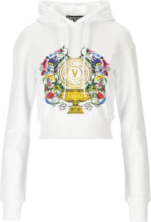 Versace Jeans Couture V-Emblem Garden White Crop Hoodie Wit Dames