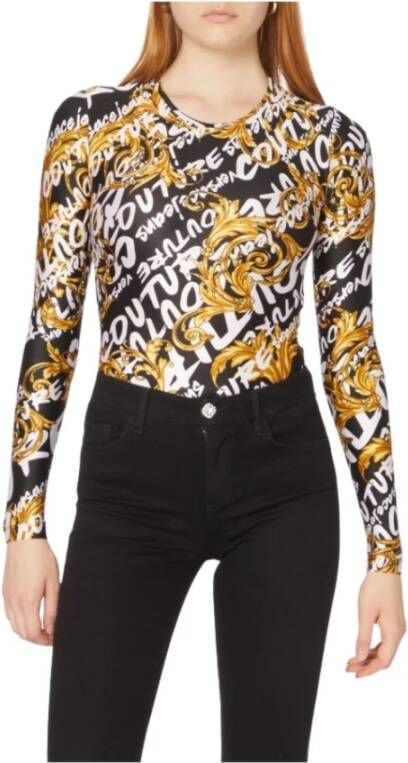 Versace Jeans Couture Maglia girocollo maniche lunghe fantasia barocca e logo all over donna 73Ham223-Js110 Nero Oro Zwart Dames