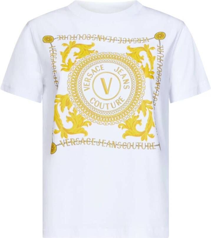 Versace Jeans Couture Katoenen T-shirt met korte mouwen en V-Emblem Chain White Dames