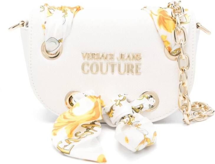 Versace Jeans Couture Witte Leren Schoudertas met Bedrukte Sjaal Detail White Dames