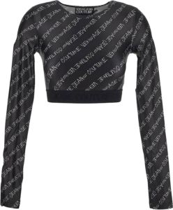 Versace Jeans Couture Zwart Glanzend Logo Print Cropped Top Zwart Dames