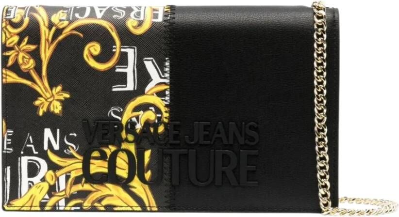 Versace Jeans Couture Zwarte leren portemonnee met barokprint en gouden details Black Dames