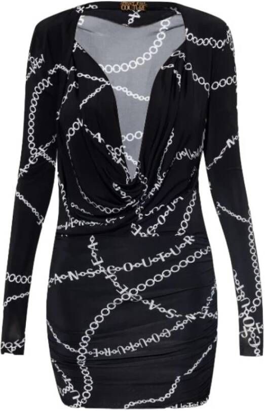 Versace Jeans Couture Zwarte Jurk met Kettingprint en Diepe Halslijn Zwart Dames