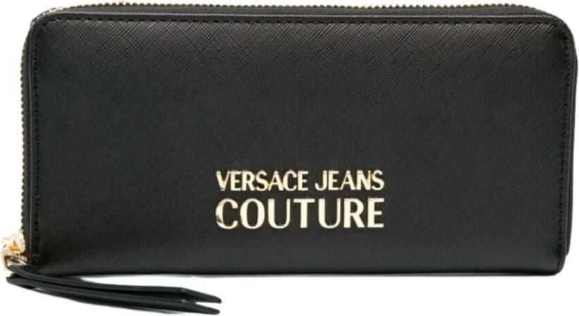 Versace Jeans Couture Zwarte Portemonnees met D Ritssluiting Saffiano Logo Metaal Black Dames