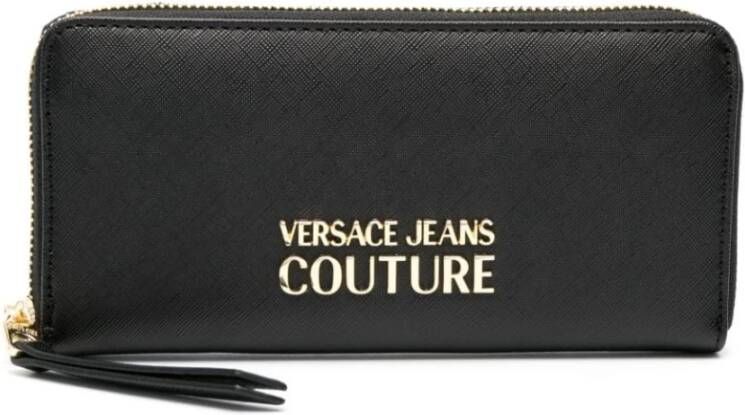 Versace Jeans Couture Zwarte Portemonnees met D Ritssluiting Saffiano Logo Metaal Black Dames