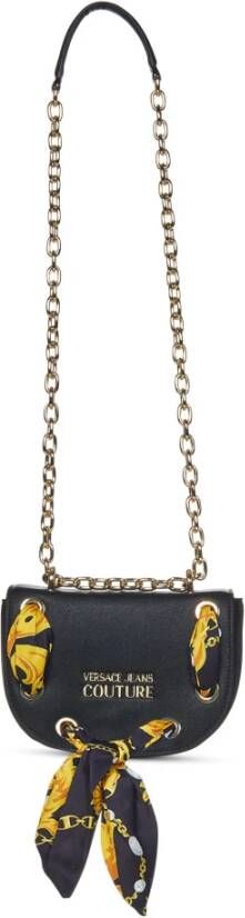Versace Jeans Couture Zwarte Schoudertas met Bedrukte Sjaal en Gouden Ketting Zwart Dames