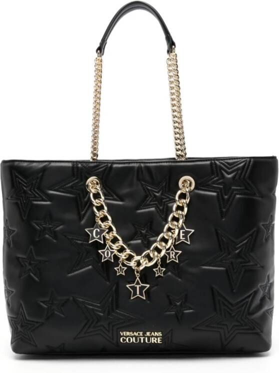 Versace Jeans Couture Zwarte Gewatteerde Schoudertas met Kettinghengsel Black Dames