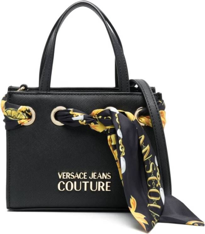 Versace Jeans Couture Zwarte Handtas met Bedrukte Sjaal en Afneembare Schouderband Black Dames