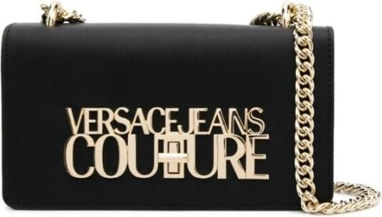 Versace Jeans Couture Zwarte geëmbosseerde schoudertas met gouden details Black Dames