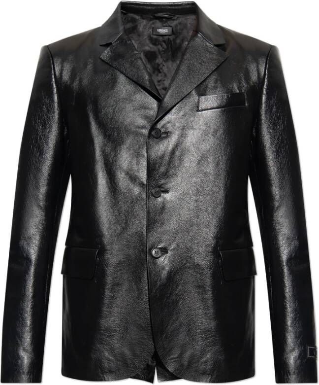 Versace Leren jas met enkele rij knopen Black Heren