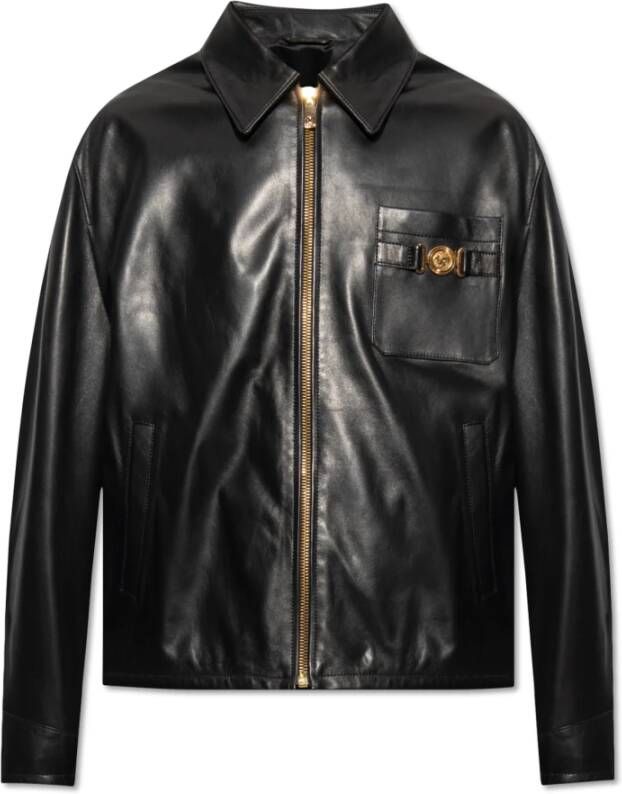 Versace Leren jas met borduurwerk aan de binnenkant Black Heren