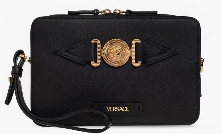 Versace Leren schoudertas met logo Zwart Heren