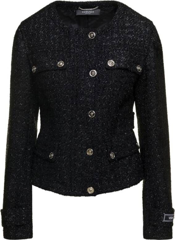 Versace Zwarte wollen blend jas met ronde hals Black Dames
