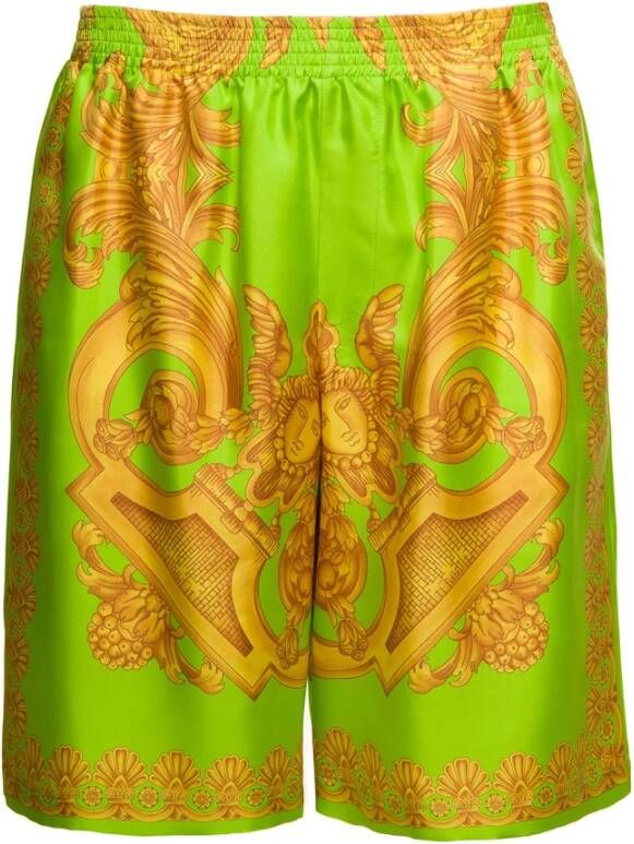 Versace Barocco Print Oversized Zijden Shorts Green Heren