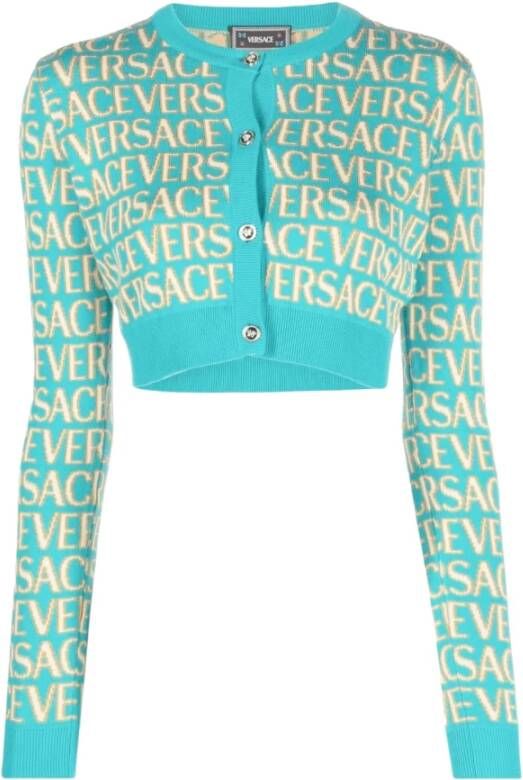 Versace Logo Gebreid Cardigan in Turquoise Blue Dames