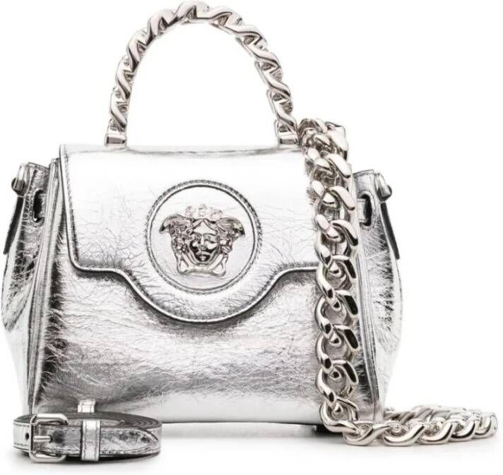Versace Metallic Handtas in Zilver-Palladium Kalfsleer Grijs Dames