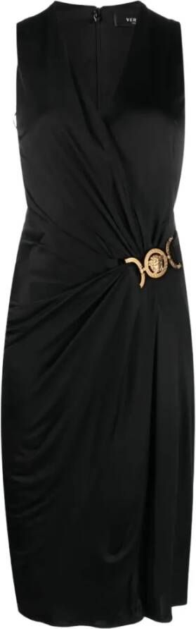 Versace Zwarte Medusa Plaque Geplooide Jurk Black Dames