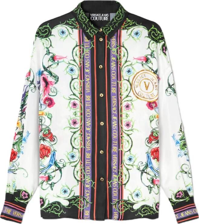 Versace Jeans Couture Wijde Overhemd met Lange Mouwen en V-Emblem Garden Logo Print White Dames