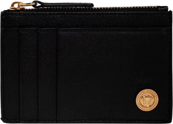 Versace Zwarte Leren Ritsportemonnee met Gouden Logo Black Heren