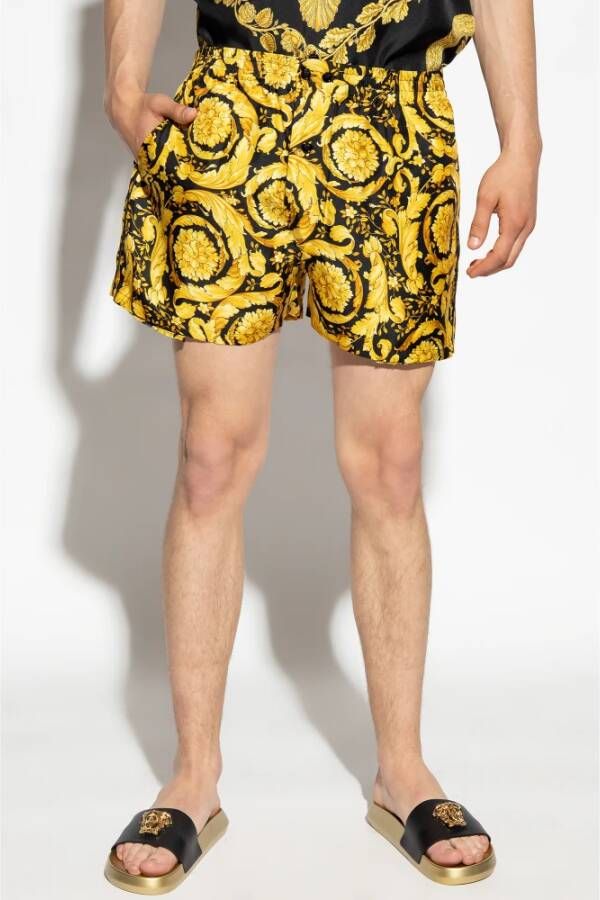 Versace Zijden pyjamashorts met Barocco-print Yellow Heren