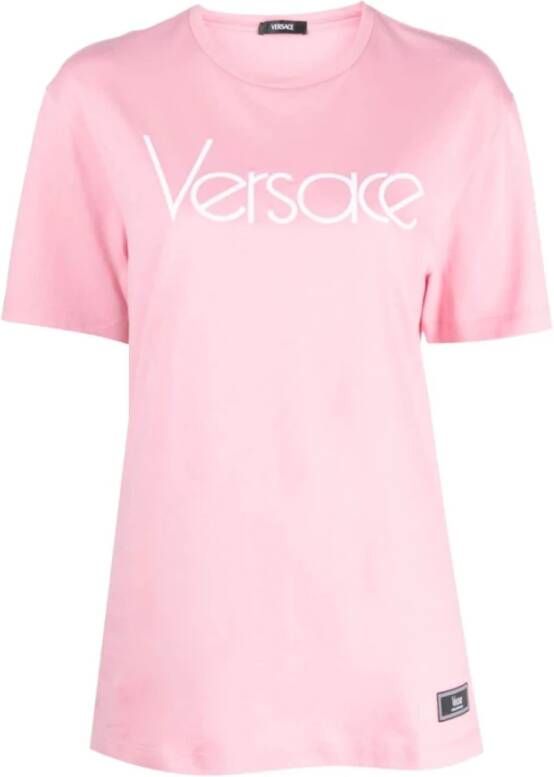 Versace Logo Print Crew Neck T-shirts en Polos Pink Dames