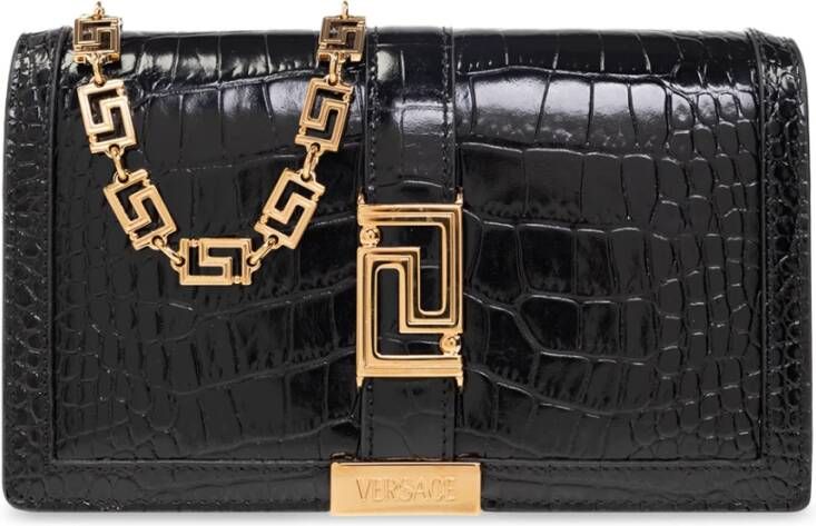 Versace Godin Mini Tas in Zwart Krokodil-Geëmbosseerd Leer Black Dames