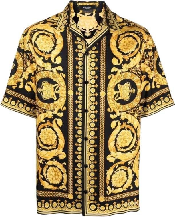 Versace Informeel Herenshirt Barocco Zijden Overhemd Zwart Goud Black Yellow Heren