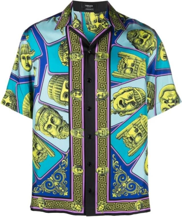 Versace Maschera Print Zijden Overhemd Blauw Heren