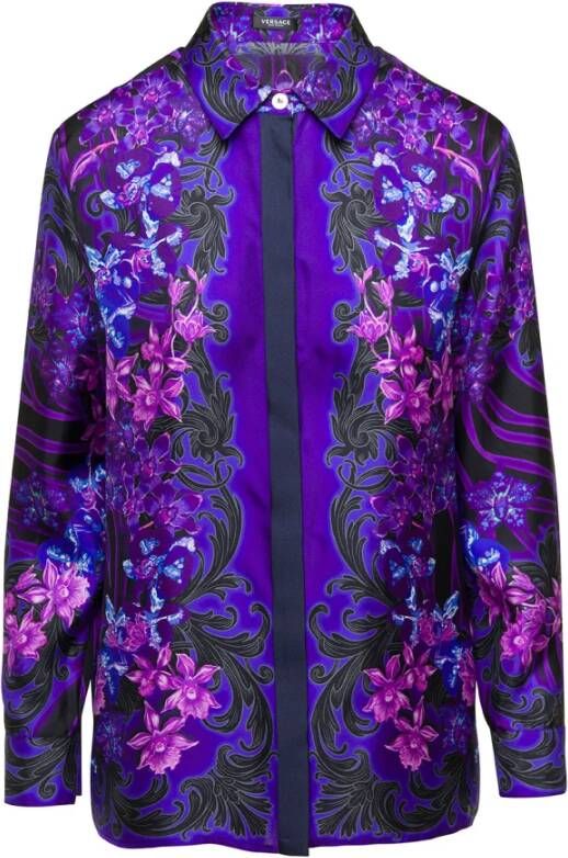Versace Zijden bedrukte blouse met Orchidea Barocco-print Purple Dames