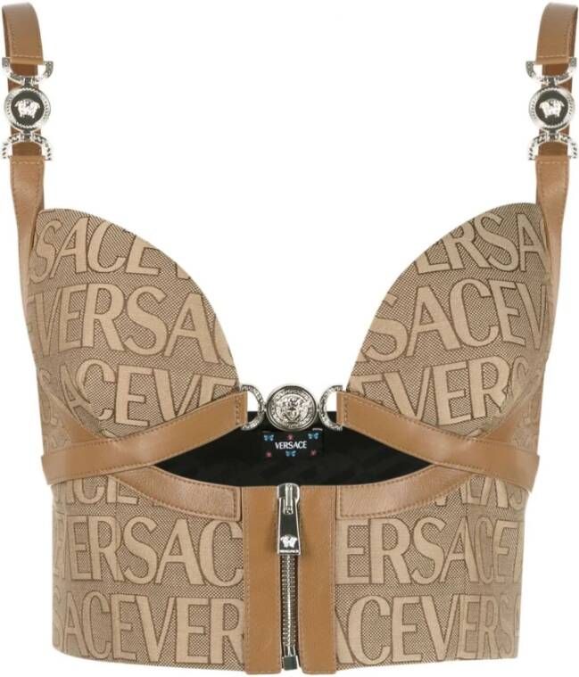 Versace Gedrukte katoenen bustier met leren details Brown Dames