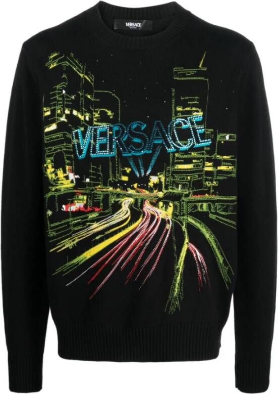 Versace Zwarte Sweaters met City Lights Borduursel Black Heren