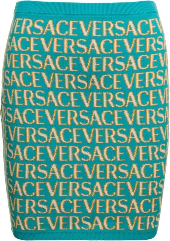 Versace Stretch Mini Rok met All-Over Motief Blauw Dames
