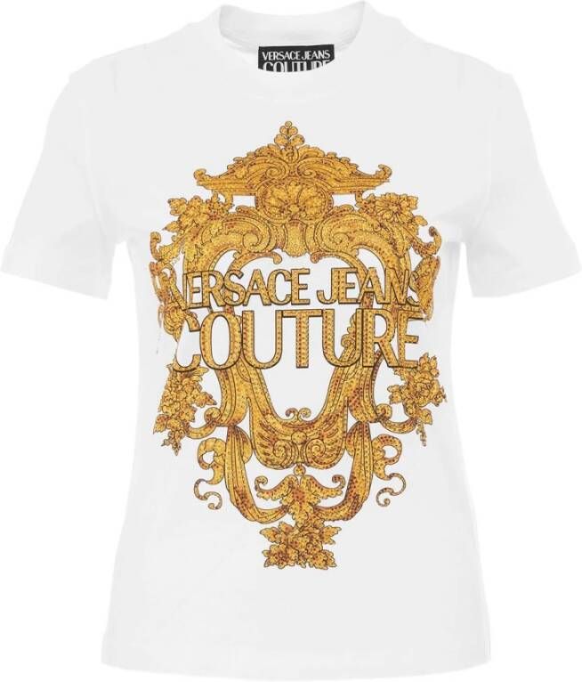 Versace Jeans Couture T-shirt girocollo con logo stampato fronte donna Versace 73Hahp02-Cj01P Bianco Oro Wit Dames
