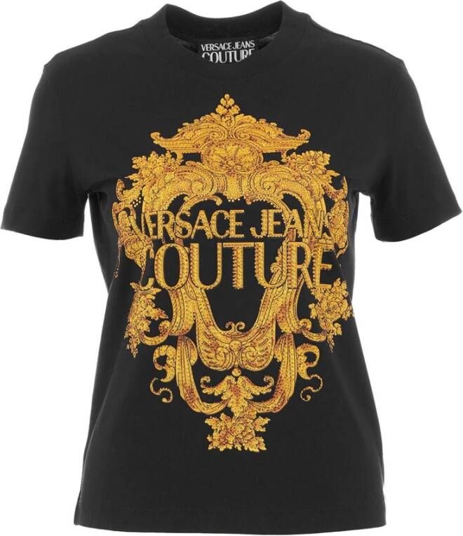 Versace Jeans Couture Christer T-shirt met logo gedrukt voor vrouwen Versace 73Hahp02-Cj01P Black Gold Zwart Dames