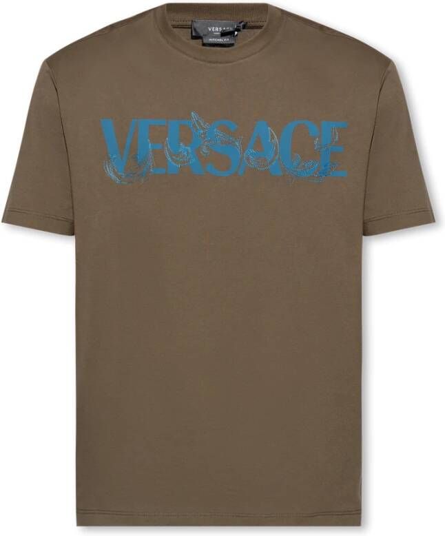 Versace Logo Print Ronde Hals T-shirt Green Heren