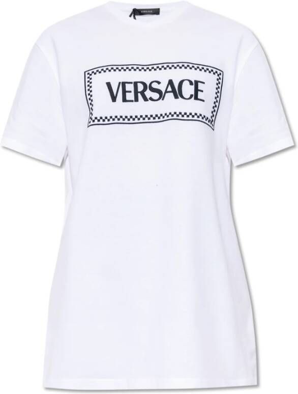 Versace Katoenen T-Shirt met Logo Borduursel White Dames