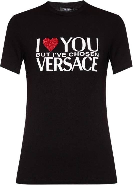 Versace Zwart Slogan-Print T-shirt met Strass Versiering Black Dames