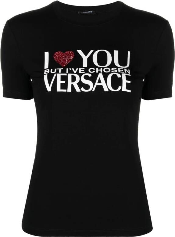 Versace Zwarte T-shirts en Polos met Strass Decoratie Black Dames