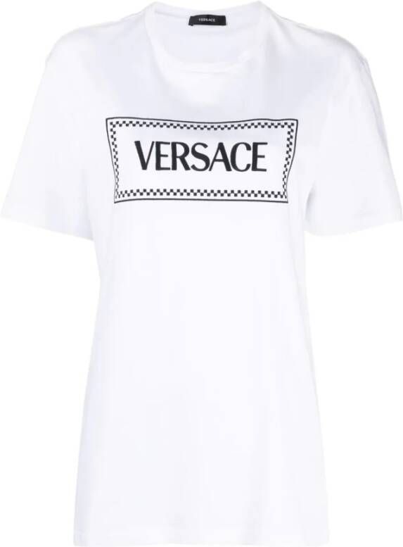 Versace Katoenen T-Shirt met Logo Borduursel White Dames