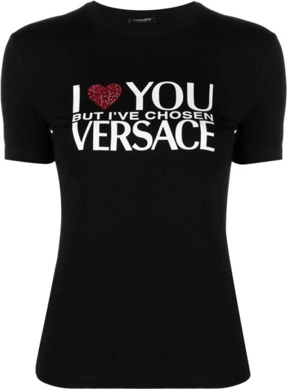 Versace Zwart Slogan-Print T-shirt met Strass Versiering Black Dames
