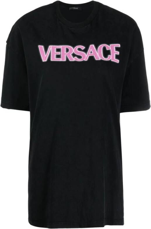 Versace Logo-Print Katoenen T-Shirt Black Dames