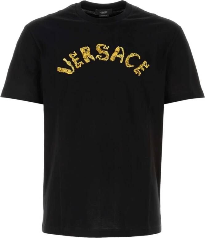 Versace Zwarte katoenen T-shirt met ronde hals en geborduurd logo Zwart Heren